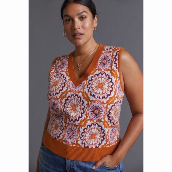 Anthropologie Maeve Vera Honey Brown Combo Jacquard Sweater Vest - Picture 2 of 8